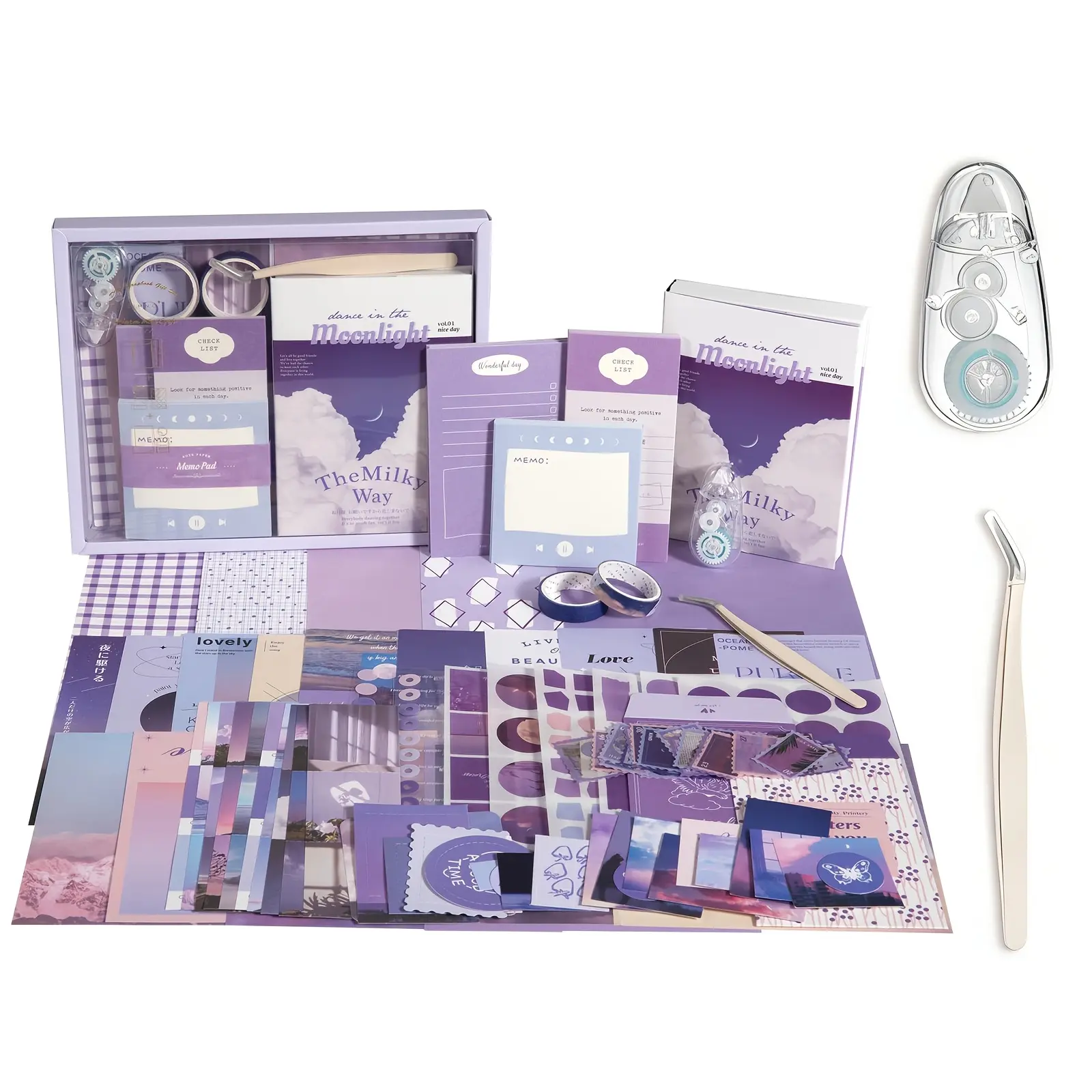 Purple Aesthetic Scrapbook Journal Kit All-in-One with Adhesive Dots & Tweezers, Complete DIY Junk Journal Craft Supplies Set