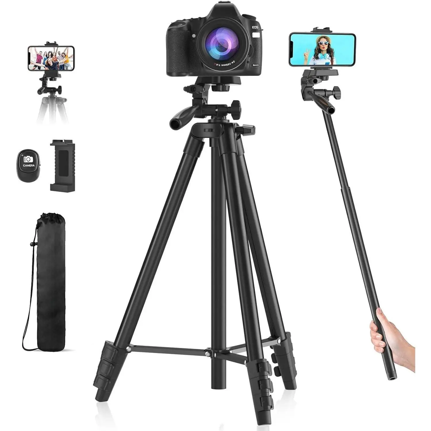 71" Camera Tripod, Versatile Cell Phone Tripod with  Remote Phone Holder and Carry Bag, Lightweight Portable Camera Tripod Stand Compatible with Smartphone Cameras, Max Load 6.6 lbs