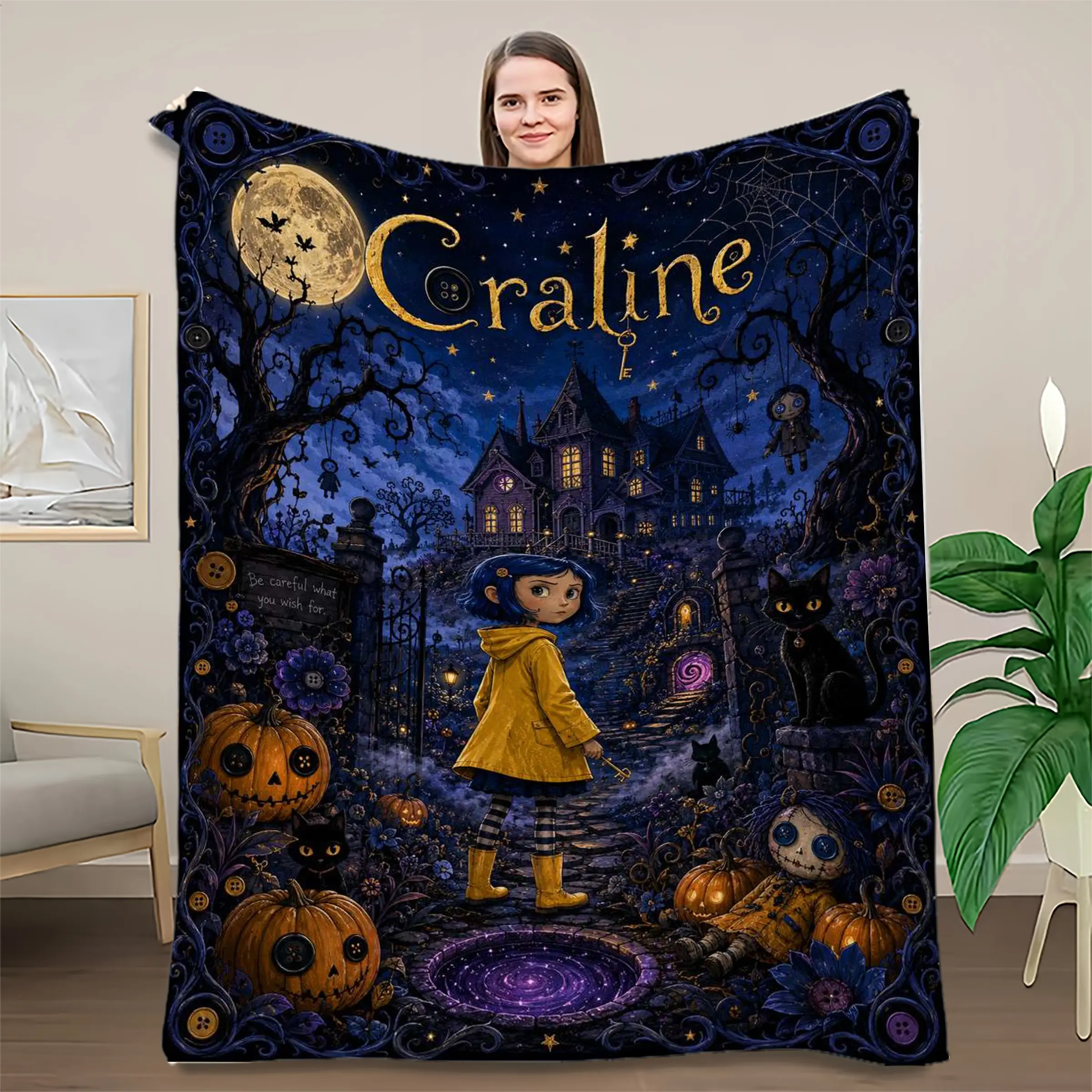 Coraline Cartoon Throw Blanket, Soft Flannel Fleece, Gothic Fantasy Design, Cozy Bed Sofa Couch Blanket, Decorative Blanket, Spooky Cute Room Decor Gift