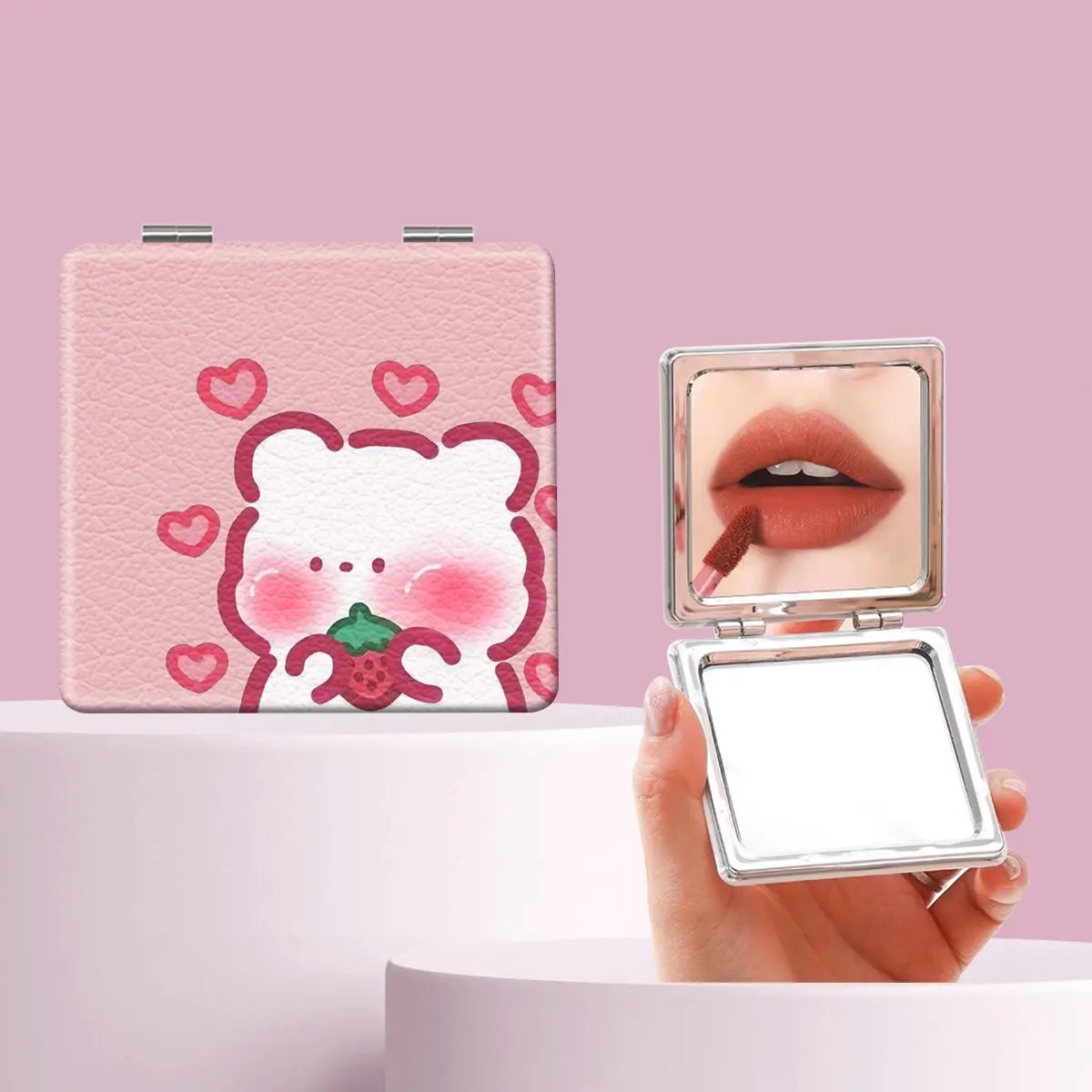 Cute Heart Strawberry Bear Makeup Mirror, Foldable Mini Handheld Mirror, Travel Makeup Mirror, Perfect for All Occasions, Gift for Sisters, Friends, Girls