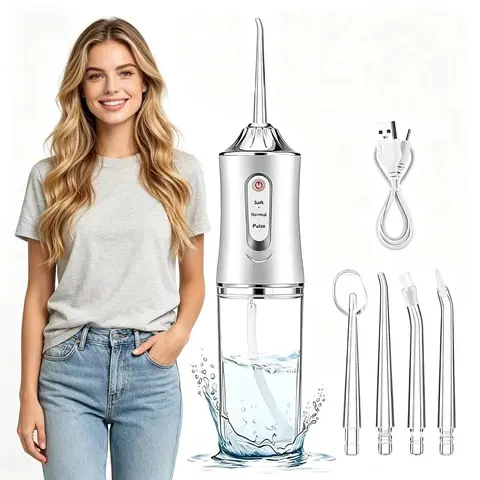 Portable Electric Oral Irrigator with Water Flosser, Dental Water Flosser, 3 Adjustable Modes, 4 Nozzles, USB Charging, 360° Rotating Nozzle, 300mah Battery, Rechargeable Oral Irrigator