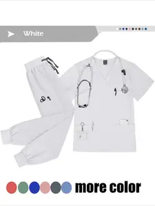 Men's Women's Breathable Quick-Dry Scrub Suit Short Sleeve V-Neck Top Cargo Pants Workwear for Vet Clinics Nursing Staff