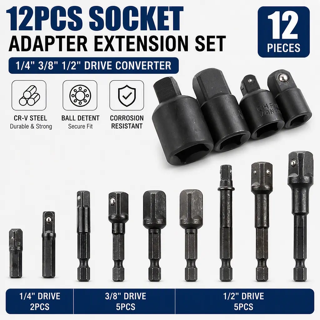 12 Pieces Socket Converter Kit, Ball Bearing Hex Shank Adapter, Impact Drill Socket Reducer for Power Drill