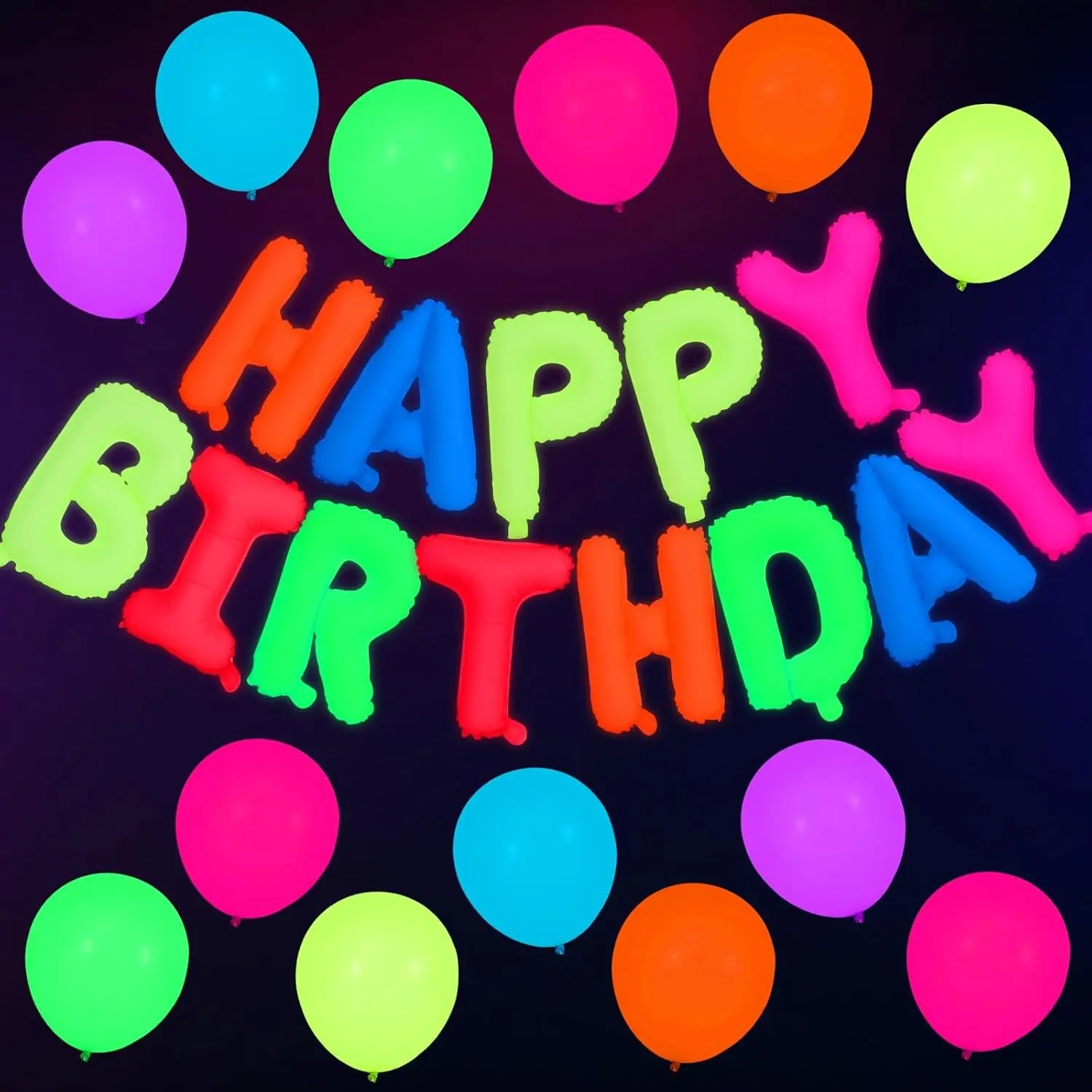 16 Inch Fluorescent Happy Birthday Balloons, 13 Pcs UV Neon Balloons, Glow in the Dark, UV Light Balloon, Vbs Decorations, Birthday Party Supplies