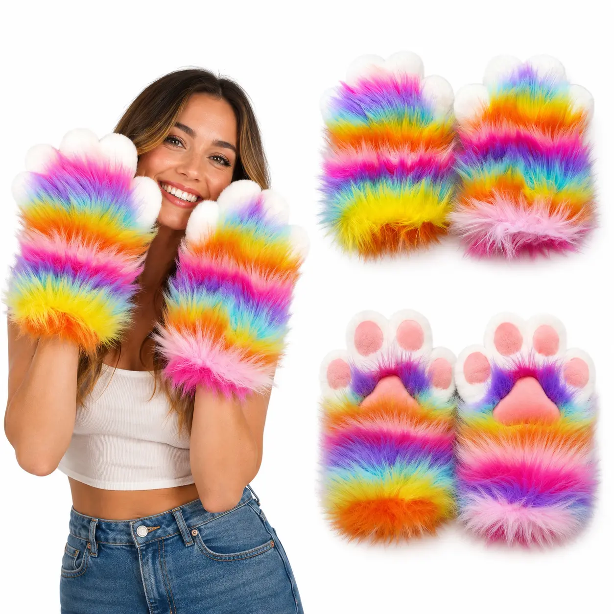 Women’s Patchwork Rainbow Furry Paw Animal Mitts, Cute Plush Halloween Party Gloves for Casual Wear & Cosplay Dress Up, Female, Nylon