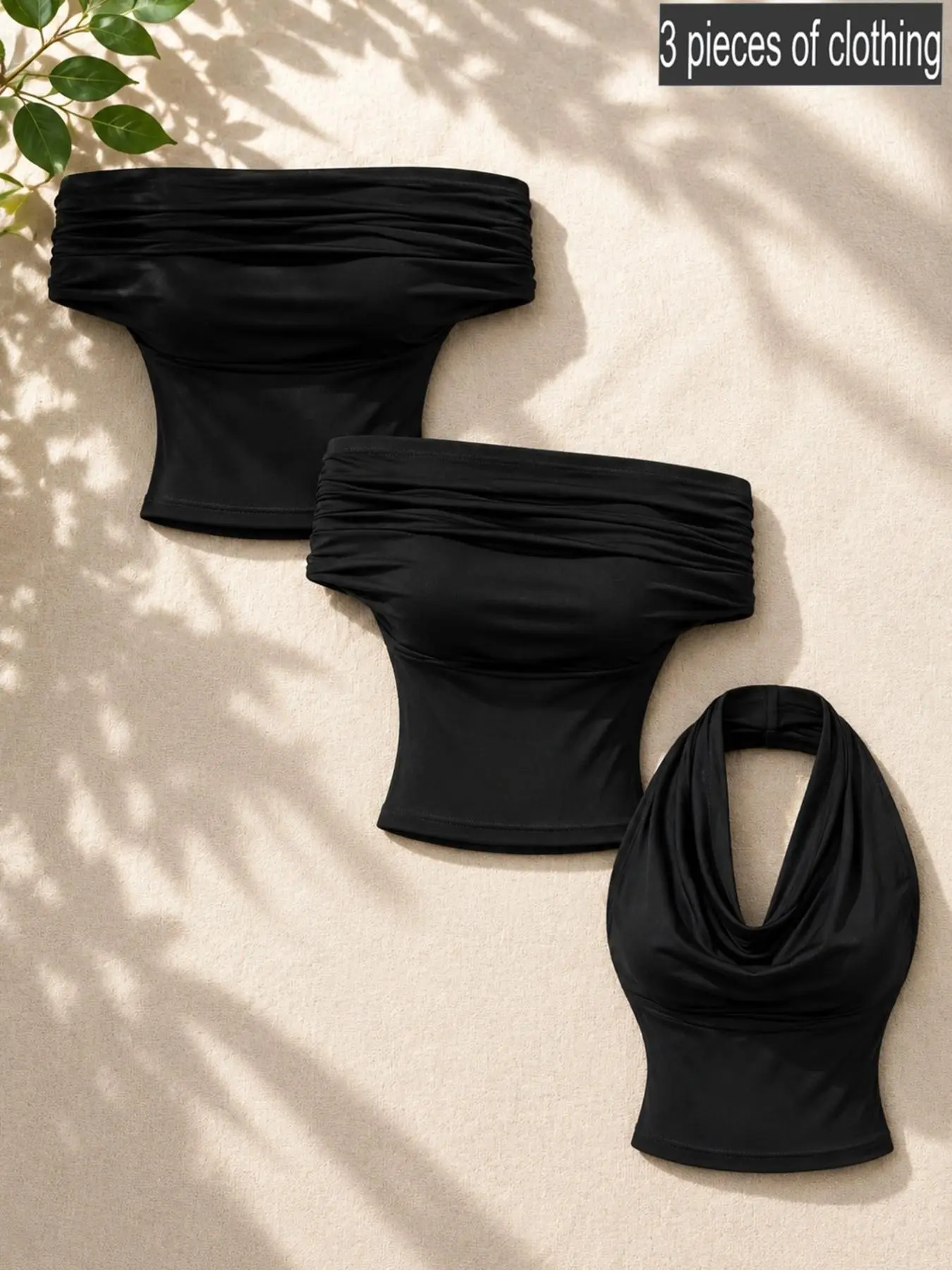 3-Pack Women's Black Sleeveless Tops Set, Elegant, Ruched Strapless Tube Tops & Cowl Draped Halter Tanks Cami Tank Top Crafted from Soft High-Stretch Knit Fabric Slimming and Figure-Flattering Perfect for Going Out Parties Streetwear Daily Looks and Casua