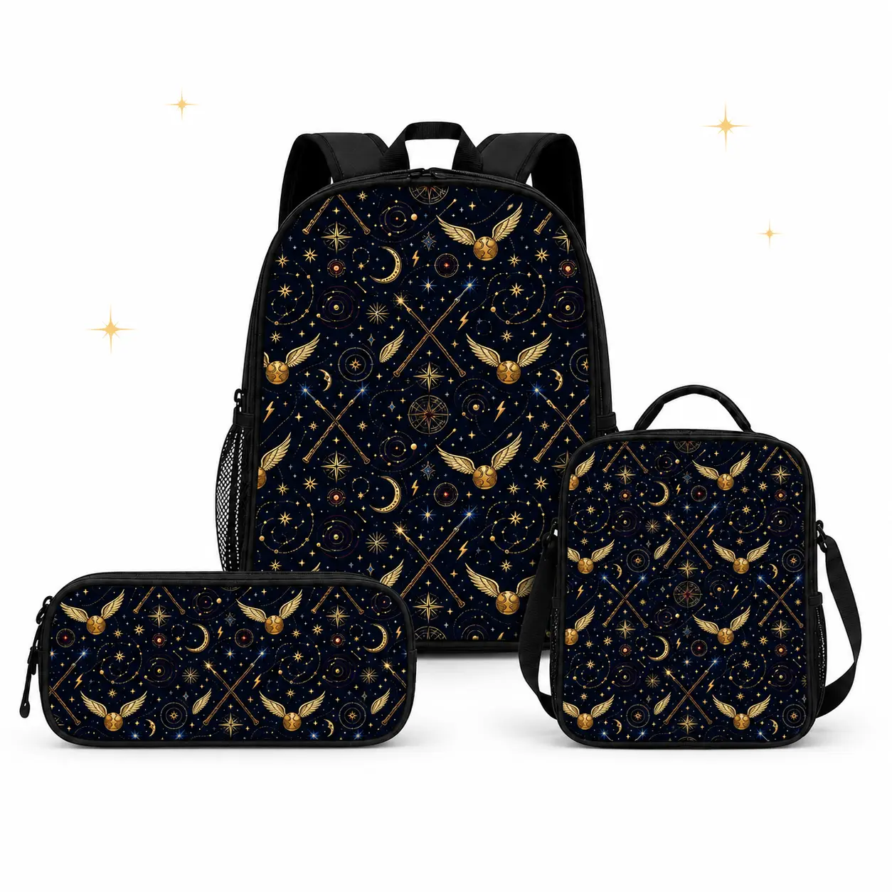 WB - Warner Bros Harry Potter Celestial Print 3-Piece Backpack Set, Canvas Sports Bag with Lunch Bag & Pencil Case, Unisex School Gear for Kids & Teens, Zip Closure, Golden Snitch shopping, School Supplies Set, Student Backpack, Wizard School Bag