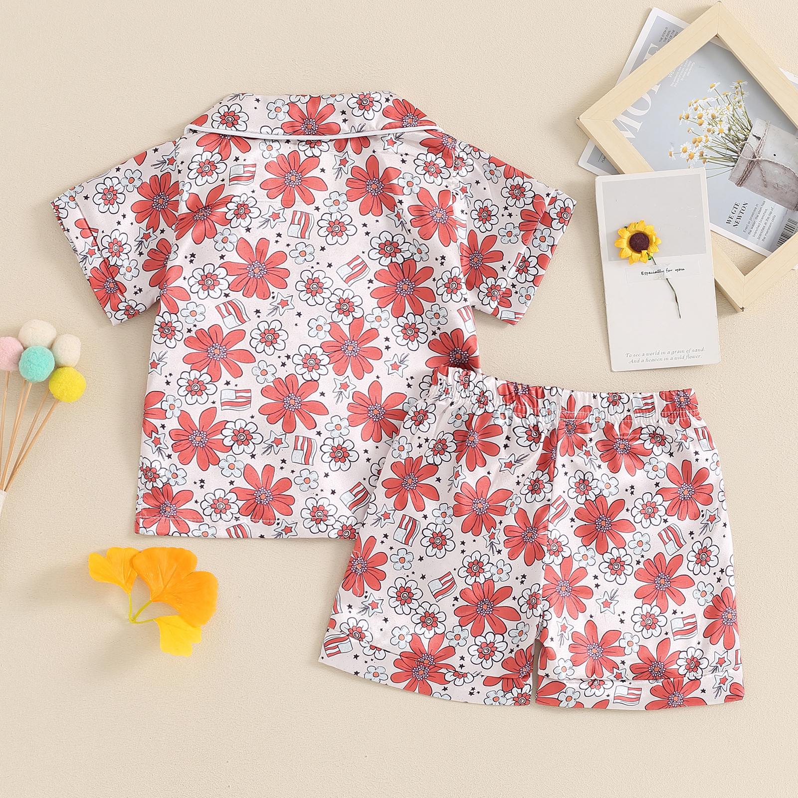 Toddler Baby Girls 4th of July Satin Pajama Set Short Sleeve Button Down Tops Shorts Toddler Independence Day Pajamas Set