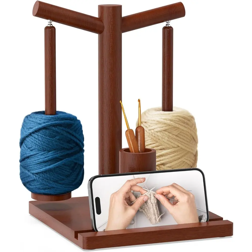 Natural Wood Compact Unisex Yarn Holder for Crocheting, Knitting - 1pc Upgraded Magnetic Rotating Yarn Spinner with Dual-Spindle Design, Home Organizer Craft Accessory, Holiday Birthday Gift for Handmade Enthusiasts