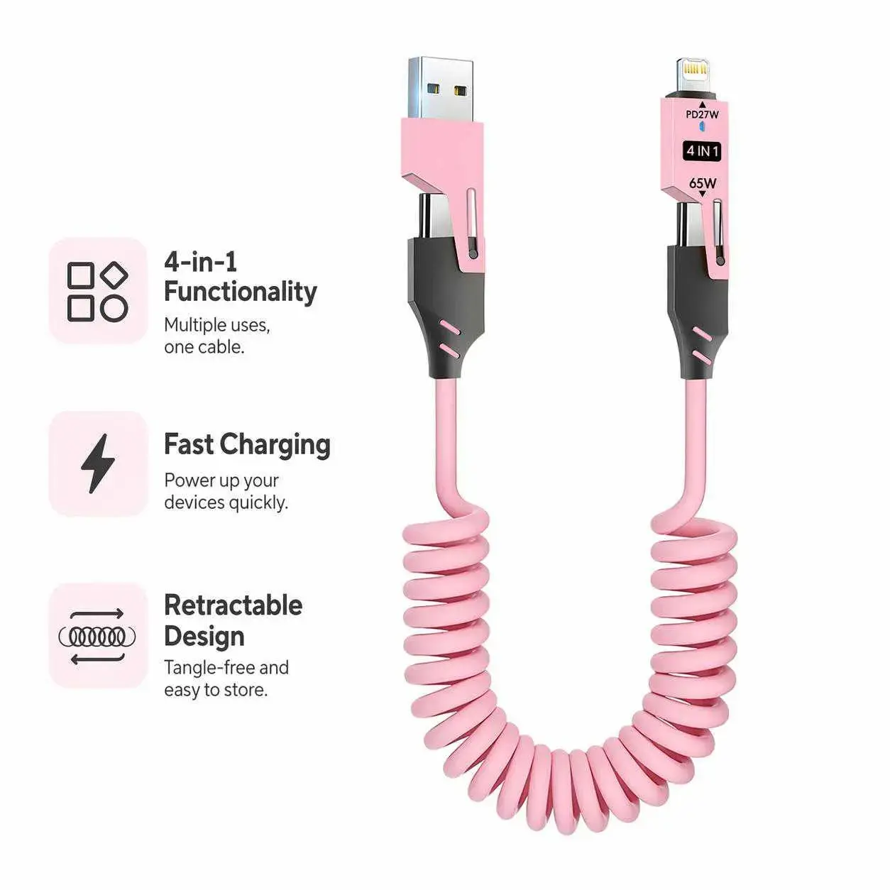 4-in-1 Coiled Retractable Phone Charging Cable, 65W USB-A/Type-C to USB-C Fast-Charging Cable, Multifunctional PD Cable for Home & Office Fast Charging Cables #GLOBAL PICKS