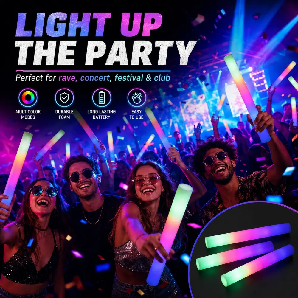 Bulk Packs LED Glow Sticks (25/50Pcs) - RGB Colorful Glow Foam Cheer Tubes, Long-Lasting Dark Light Decor for Xmas, Birthday, Home & Party Essentials Supplies