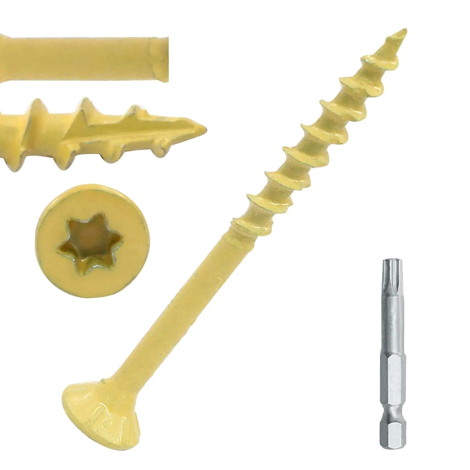 60-Pack #8x2 Inch Carbon Steel Deck Screws, Torx T25 Fasteners with Anti-Rust Yellow Coat, Serrated Thread Grip, No Cam-Out Tip, Included T25 Bit for Fencing/Decks, 60-Pack Size