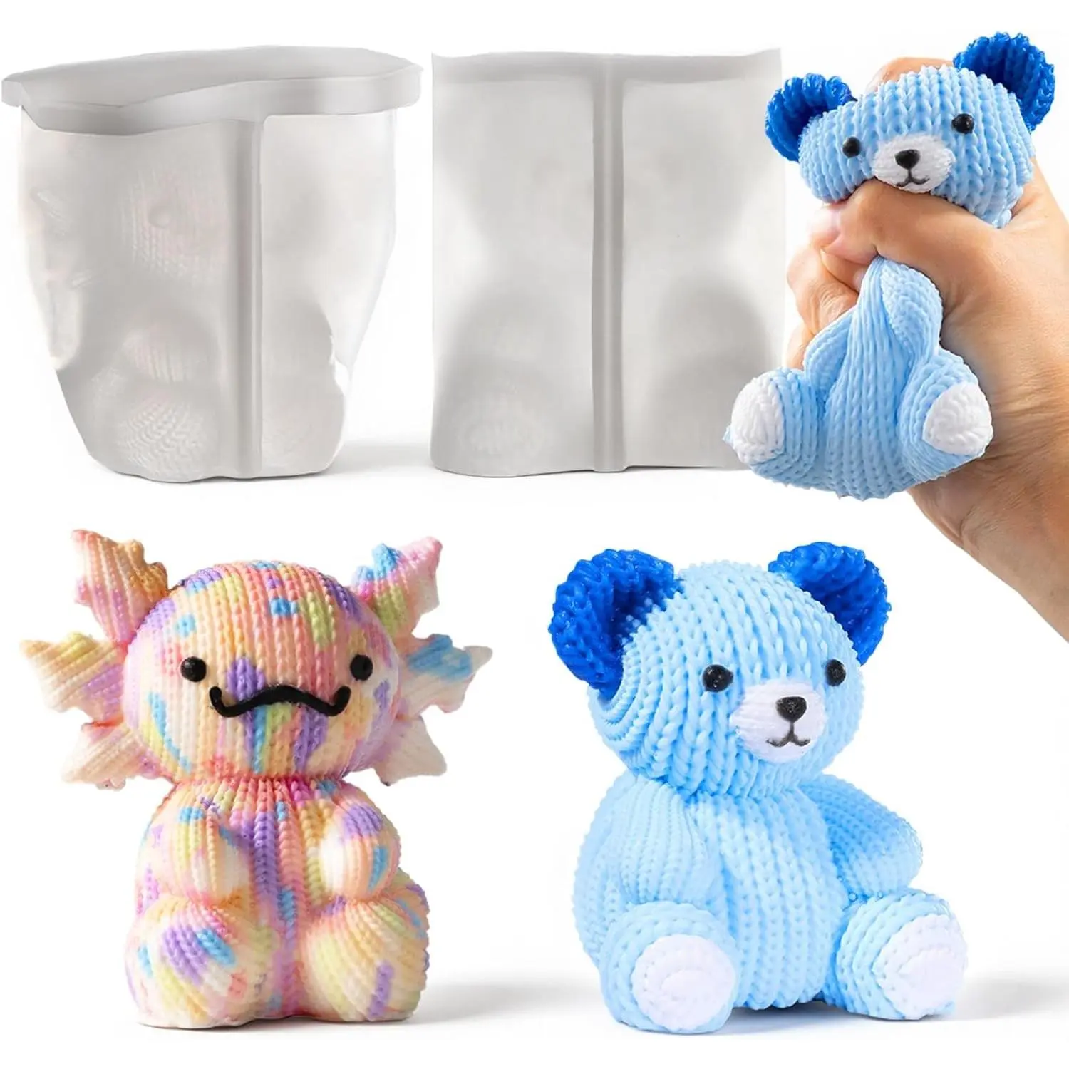 Cute Bear and Axolotl Silicone Molds for Taba Squishy - Thick & Flexible Crochet-Texture Animal Mold for Creating Unique Squishies, Perfect DIY Gift for Family
