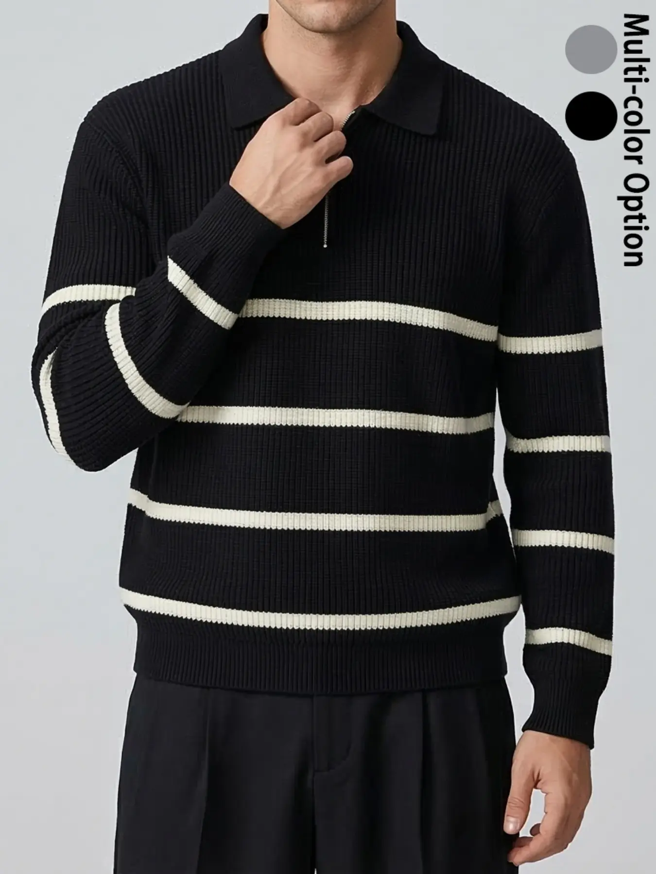 Men's Striped Knit Quarter Zip Polo Sweater Minimalist Smart Casual Long Sleeve Ribbed Texture Premium Soft Skin-friendly Fabric Tailored Fit Fall Winter Timeless Layering Piece for Office Work Date Weekend Outdoor Young Adult Men Black Light Grey