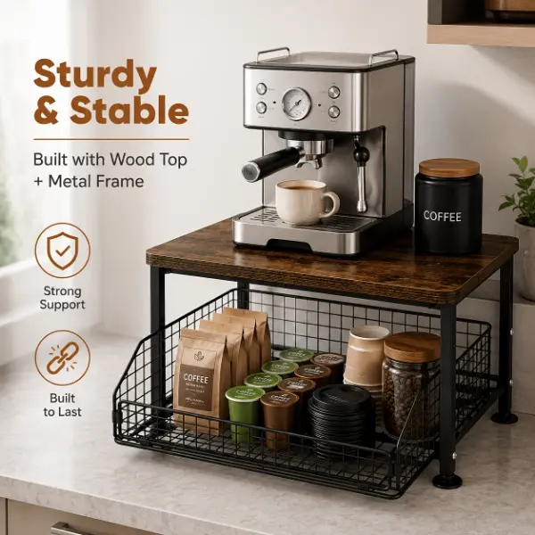 LDQ Rectangular 2-Tier Pine Wood-Metal Countertop Microwave Rack Riser - Organizer Storage, House Organizers, Space-Saving Home Solution with Pull-Out Drawer for Coffee Machine, Tableware, Condiments