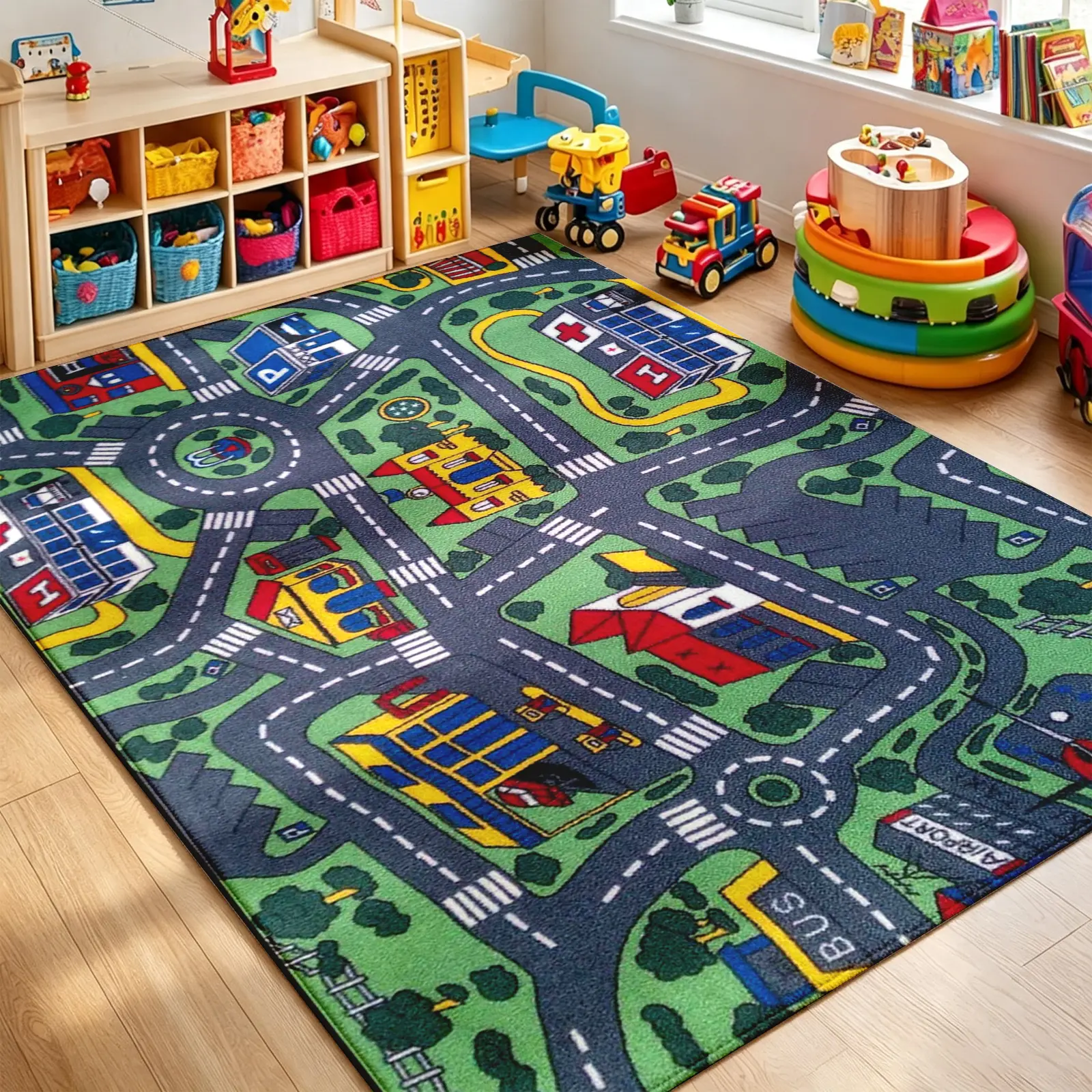 City Road Play Area Rug – Soft Faux Cashmere Low Pile, TPR Non-Slip Backing, Stain-Resistant Machine Washable – Room Decor for Living Room, Bedroom, Playroom, Game Room, Back to School Carpet for Boys (Various Sizes)