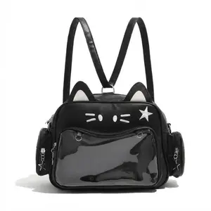 Girls' Cute PU Leather Cat Ita Backpack Bag, Clear Window Pin Display Y2K Preppy Bag for School, Anime & Daily Use