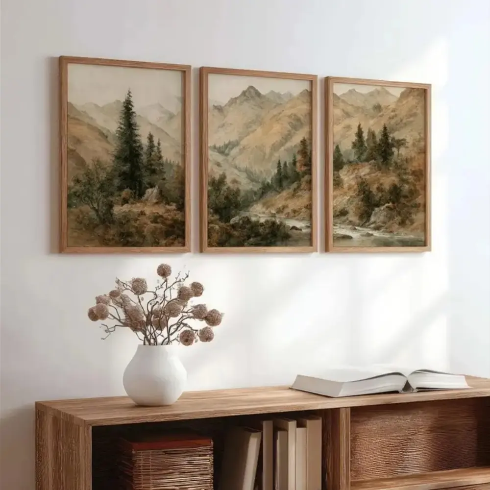 Modern Landscape Vintage Watercolor Mountain Lake Wall Art, Creative Design Print, Wooden Frame Canvas Painting, Living Room Home Decor Poster