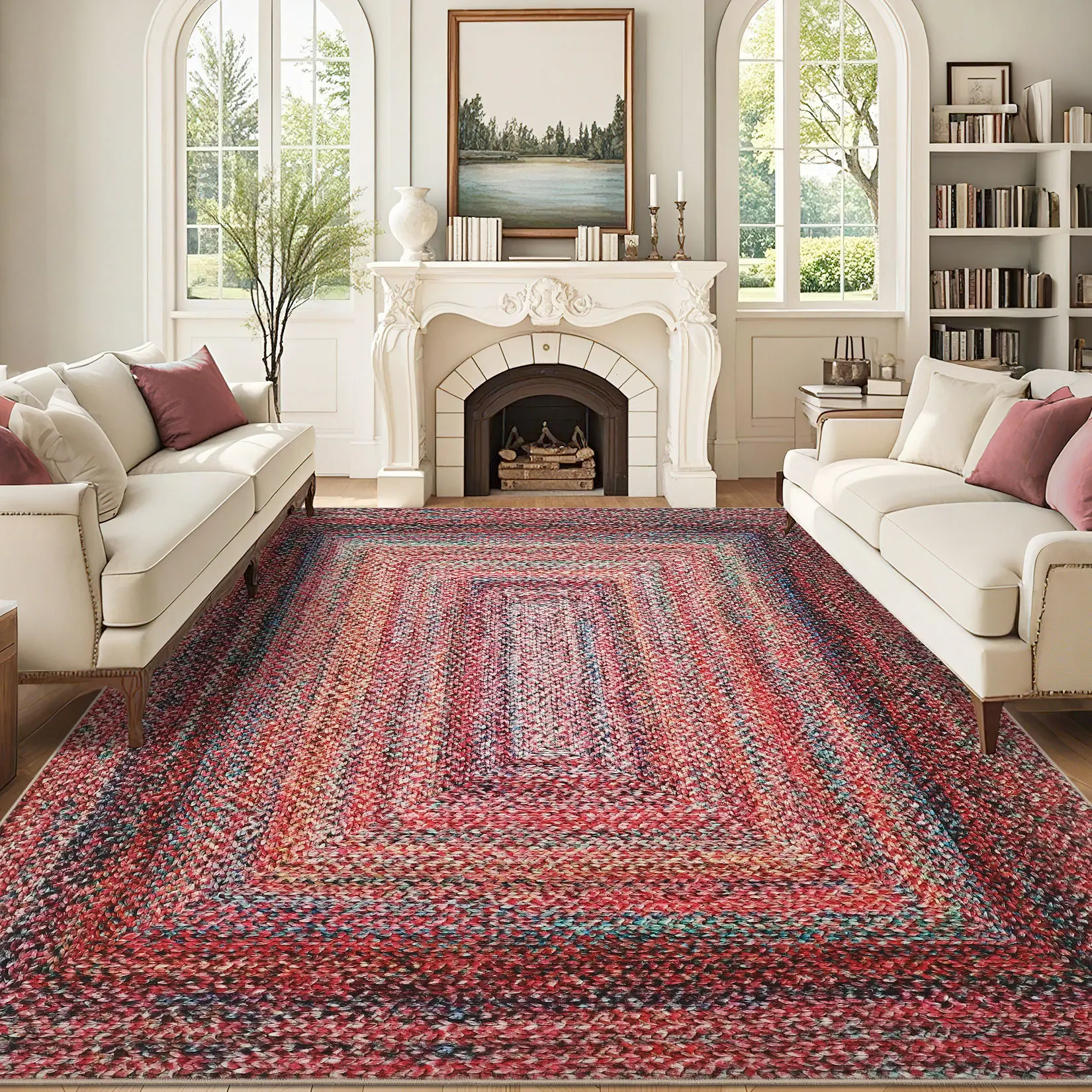Modern Washable Area Rug – Geometric Braided Print, Low Pile, Non-Slip, Spot Resistant, Lightweight Collapsible Indoor Accent Carpet