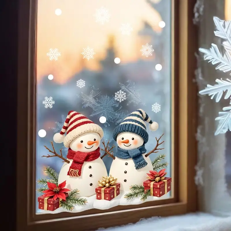 Cute Snowman Christmas Window Sticker, Static Adhesive Double-Sided, Removable Holiday Decor, Store Display Decal, Noel Christmas Sticker