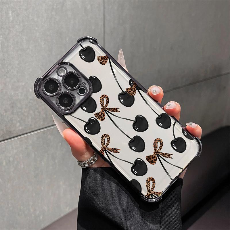 Cherry leopard print bow pattern four-corner shockproof transparent electroplated protective phone case for iPhone 17 Air 16Pro Max 15 14Plus 13 12 11 XS Samsung Galaxy S26 Ultra S25 Plus S24 FE S23,Simple and stylish.HM178