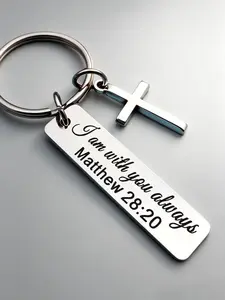 1pc Matthew 28:20 Bible Verse Bar Cross Stainless Steel Keychain, Inspirational Religious Gift For Christians