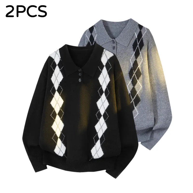 2Pcs Men Argyle Print Polo Collar Sweater Long Sleeve Button‑Up Loose Knit Pullover Vintage Preppy Style Casual Knitwear Tops