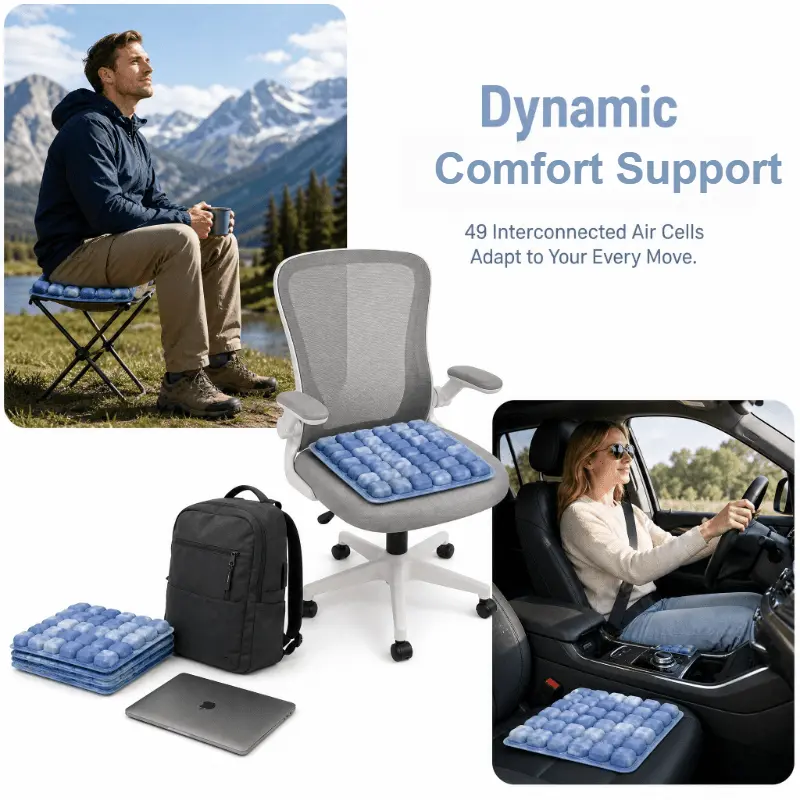 Floor Cushion, Inflatable Seat Cushion Combo with 49 Cell Air Cushion and Pink Perforated Seat Cushion, Ergonomic Support Soft Breathable Lightweight for Long Sitting Home & Office Daily Use