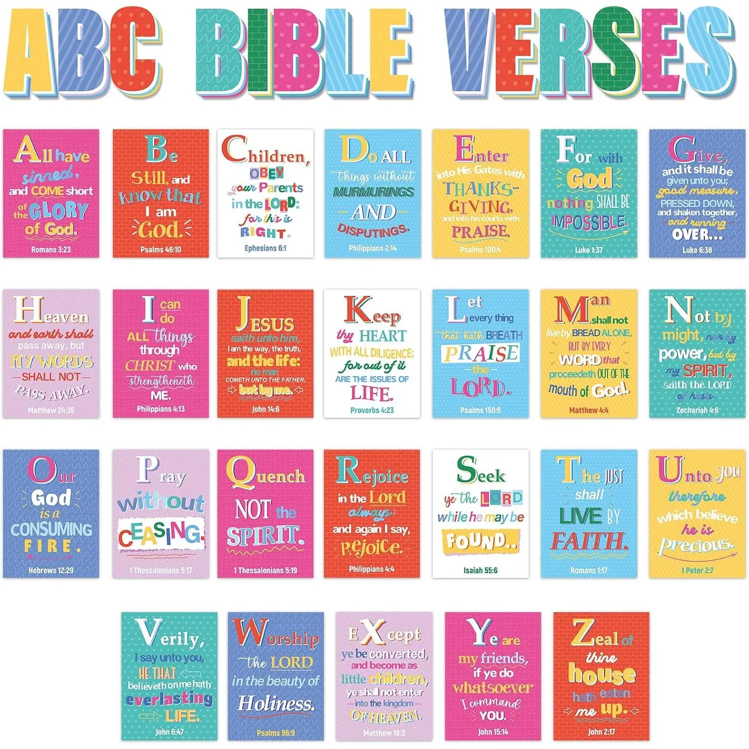 29 count ABC  Verse Poster Christian Scripture Bulletin Board Sunday School Classroom Decorations Religious Inspirational Quotes Poster for  to School Church VBS Classroom  Wall Decor