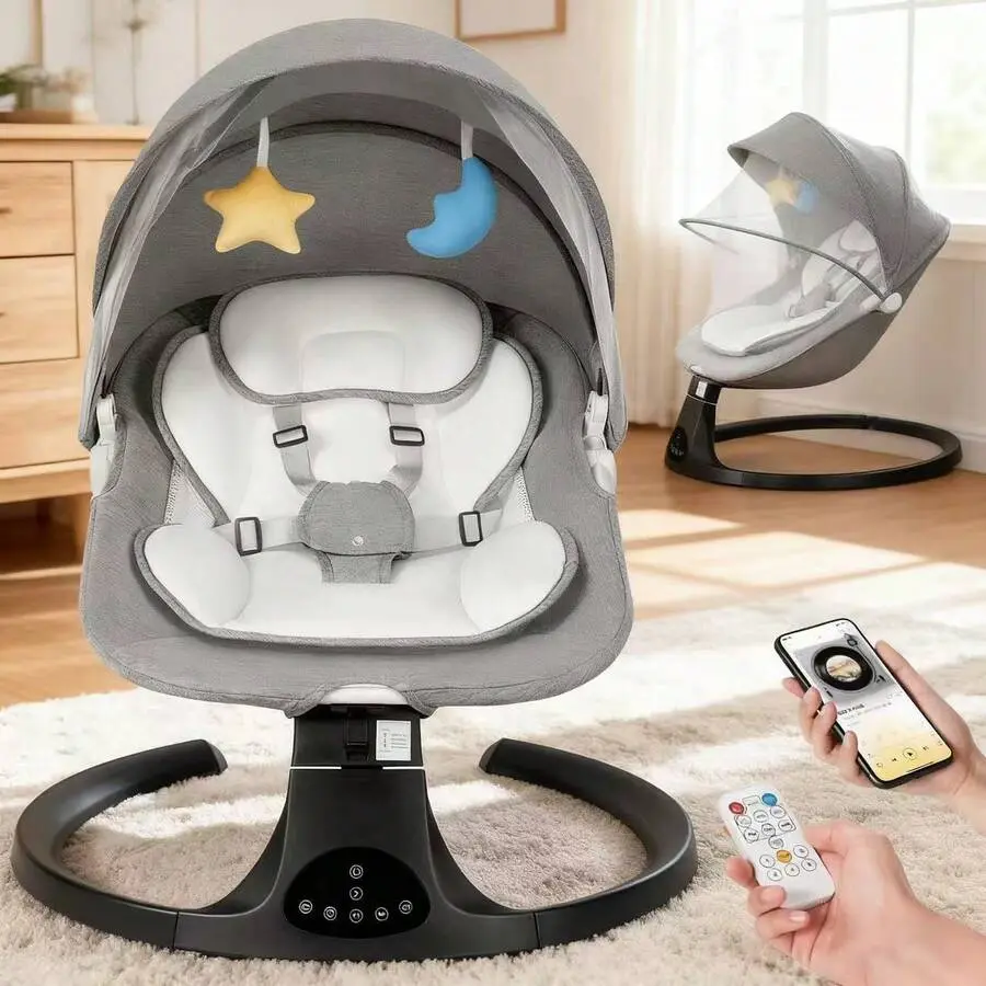 Electric Baby Swing and Bouncer for Newborns - Automatic Infant Swing with Removable Canopy, 10 Lullabies & 5 Speeds, 3 Adjustable Modes, Remote Control