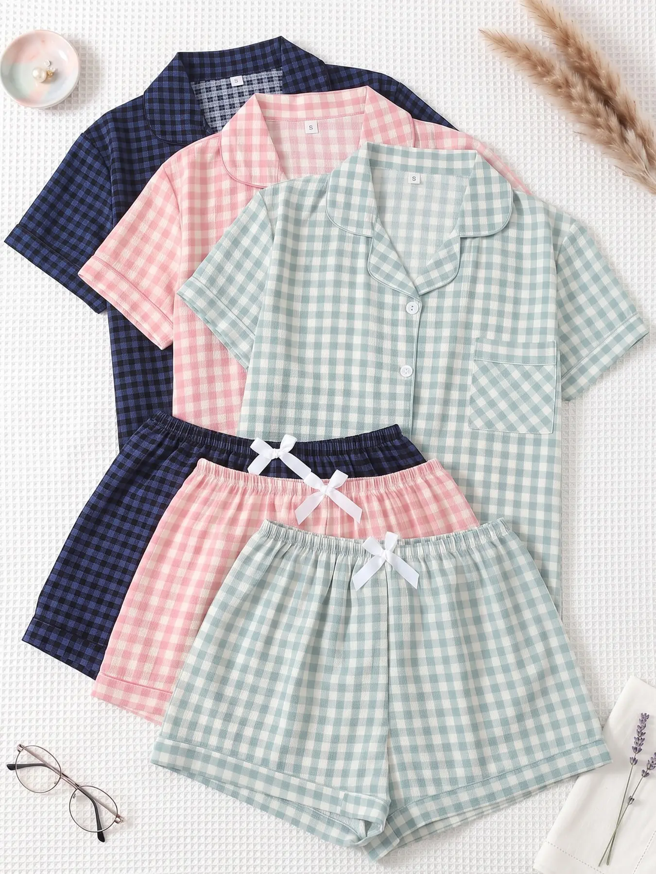Women's 3-Piece Pajama Set, Short Sleeve Top & Shorts, Casual Fitted Sleepwear, All-Seasons Home Wear, Plaid Pattern