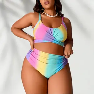 Women's Plus Size Bikini Swimsuit, Rainbow Color, High Waist, Tummy Control, Tie-Up Design, 2026 New Model, Slimming Swimsuit
