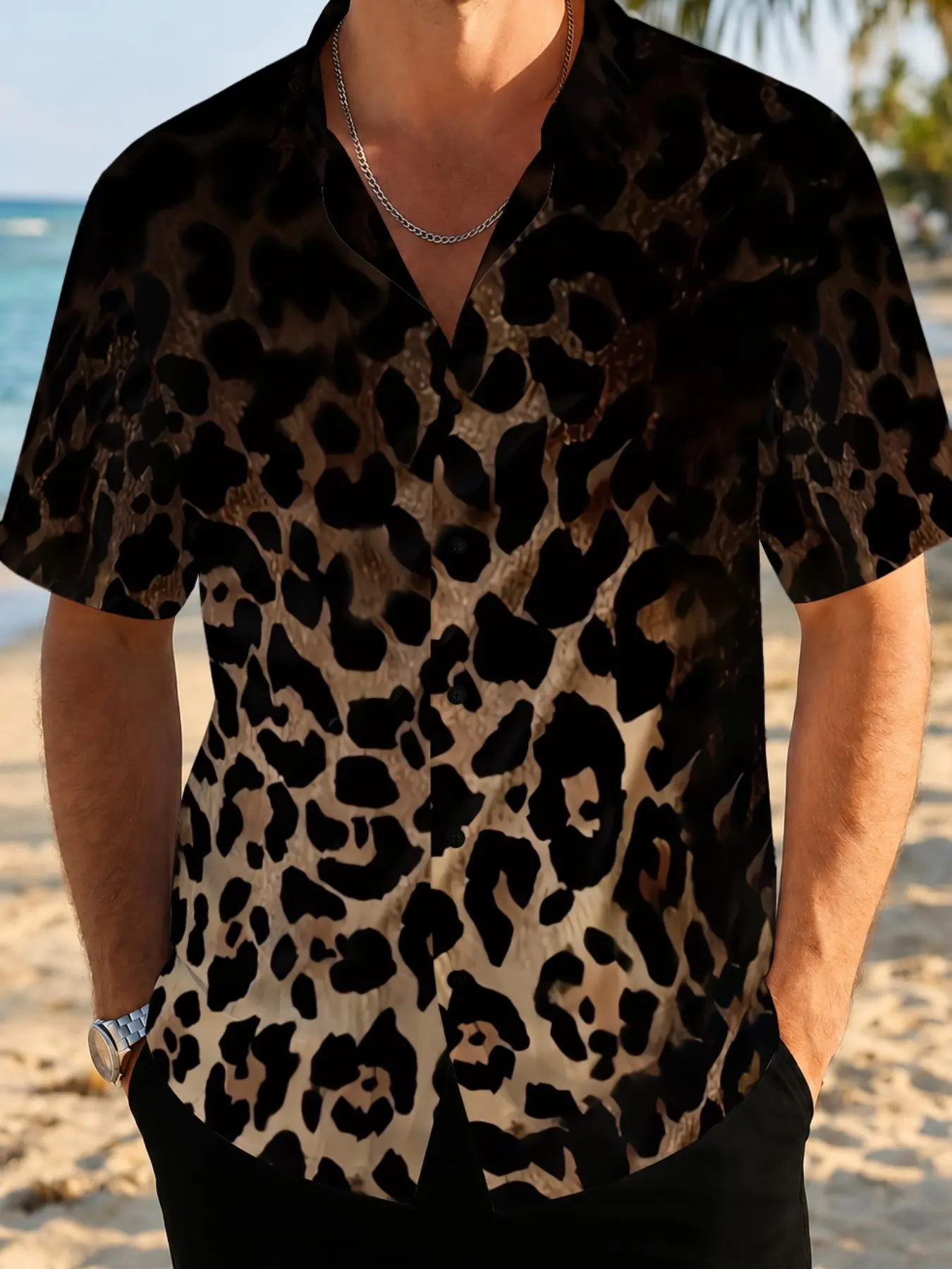 Men's Casual Leopard Print Shirt, Casual Buttons Collared, Summer New Arrival, Street Fashion, Casual Streetwear Style, Comfortable Slim Fit, Ideal for Daily Wear