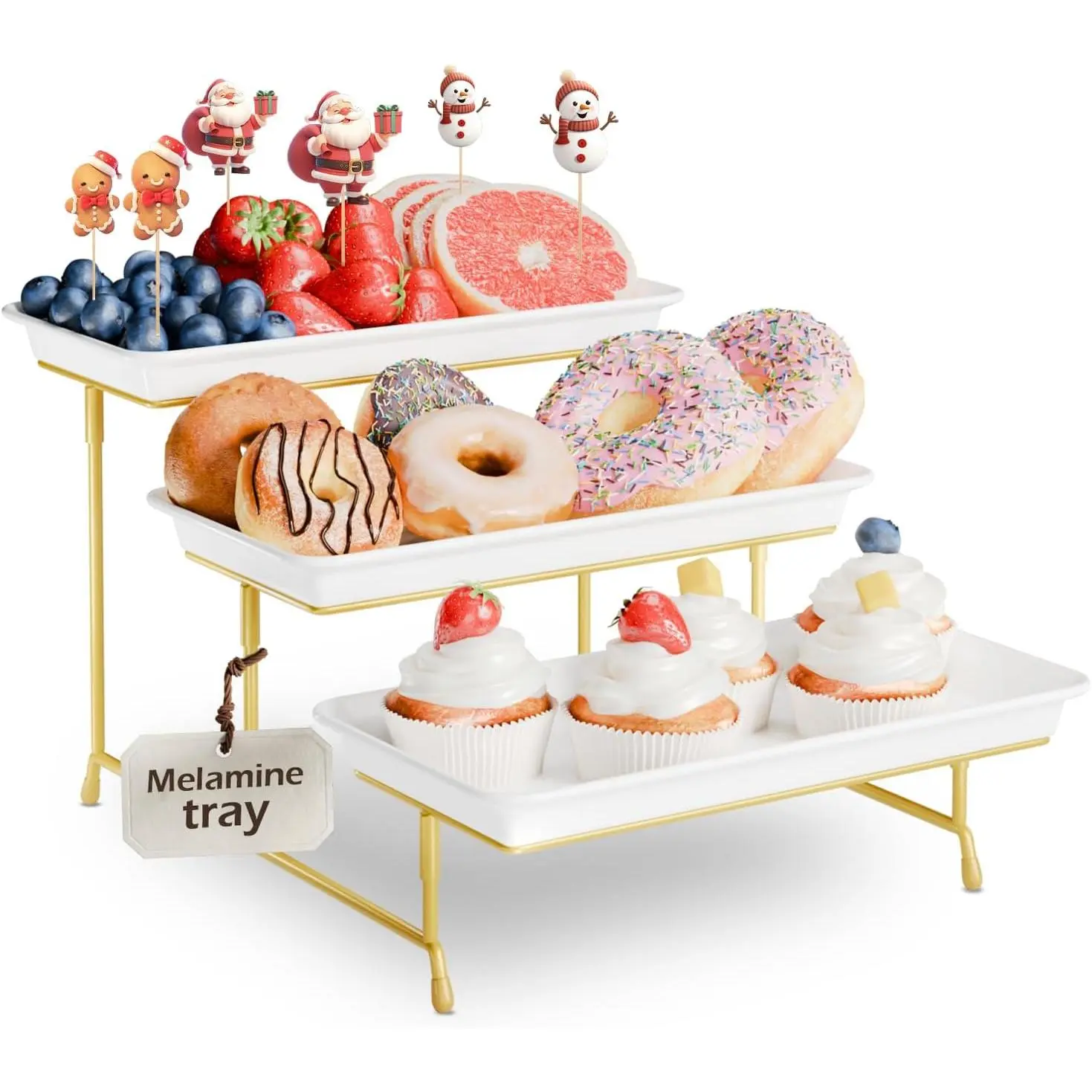 3-Tier Melamine Serving Tray Set, 11.5" x 5.6" Platters for Serving , Black  Trays with Black Metal Display Stand for Cupcakes, Sevring , Dessert, Fruit, Cookie,