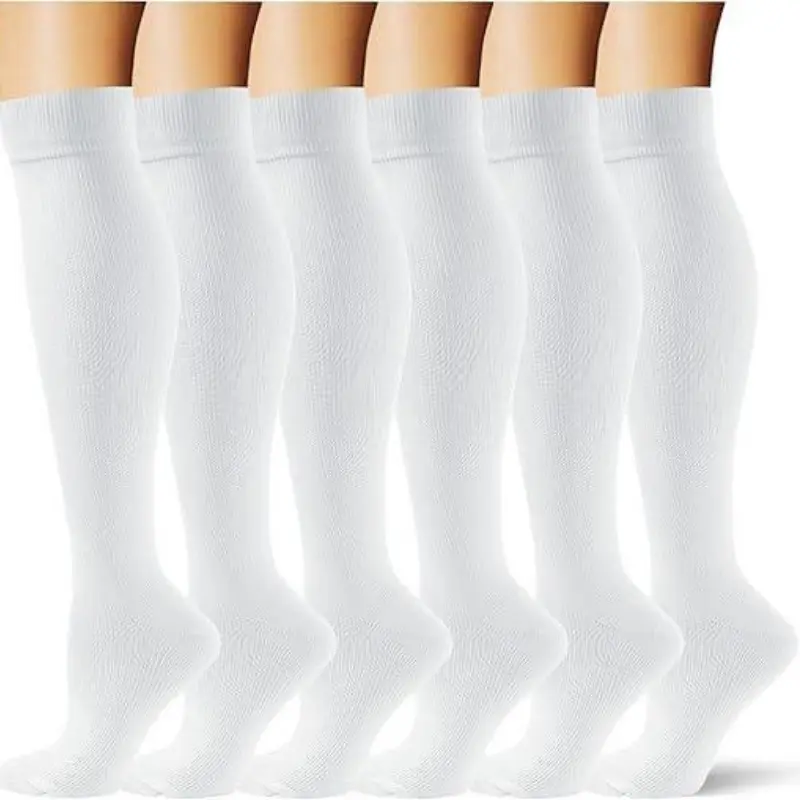6 Pairs Compression Socks for Women & Men, Solid White Athletic Style, Stretchy Moisture-Wicking Fabric for Everyday Leg Support, Nurses & Fitness