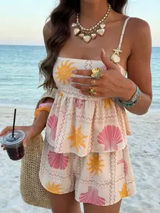 Women's Floral Print Ruched Backless Top and Shorts Set, Casual, Boho Style, Elegant Design, Beach, Perfect for Valentine's Day and Summer Activities