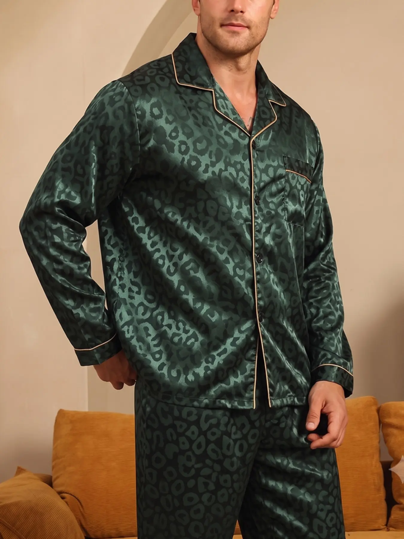 Men's 2-Piece Pajama Set, Leopard Print, Short Sleeve, Slim-Fitting, Casual Style, Button Front, Above the Knee, Home Wear