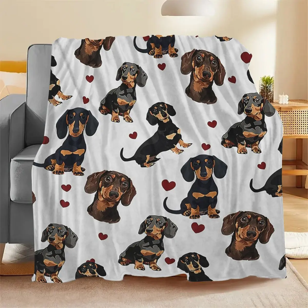 Dachshund Print Polyester Fiber Flannel Throw Blanket - Multi-Size, Cute Sausage Dog & Red Hearts Pattern, Warmth & Breathability, Contemporary Look, Indoor Use Decor for Bedroom, Perfect Gift for Dachshund Lovers