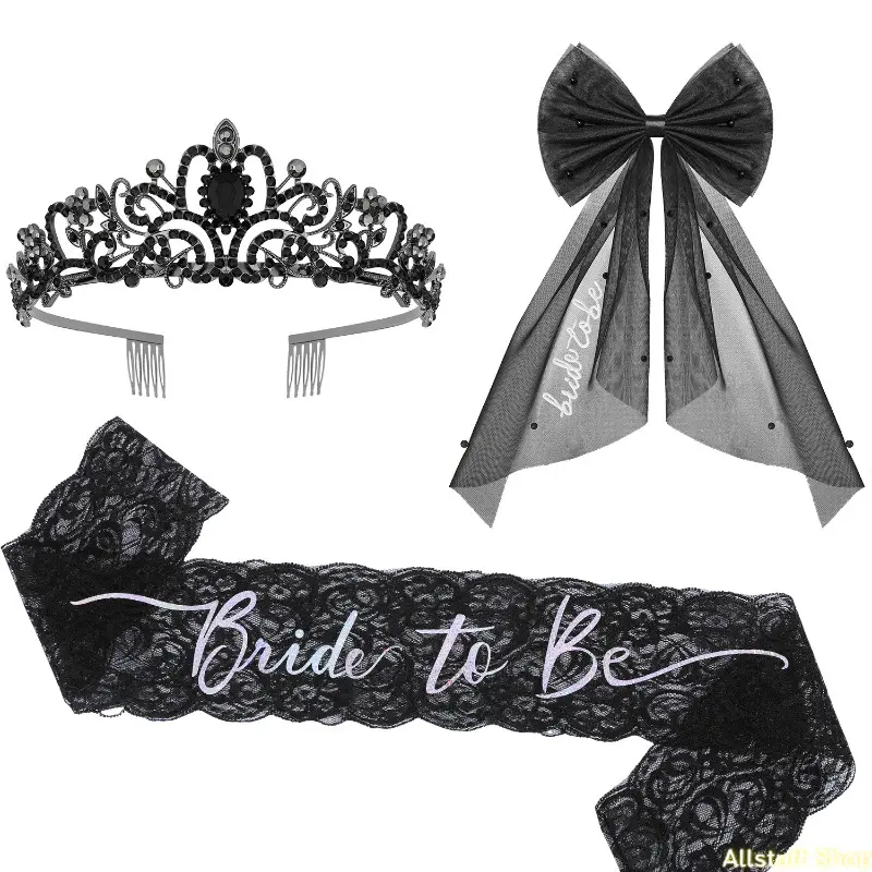 Gothic Bride 3-Piece Costume Accessory Set with Black Wedding Crown, Veil, and 'Bride To Be' Sash for Halloween or Bachelorette Party, Three Pieces
