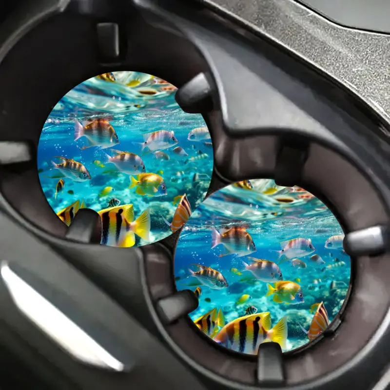 2-Pack Tropical Fish EVA Car Coasters, 5mm Thick, 2.75x2.75 inches, Vibrant Aquarium Design, Ideal for Coffee & Kettle, Perfect Gift for Dad