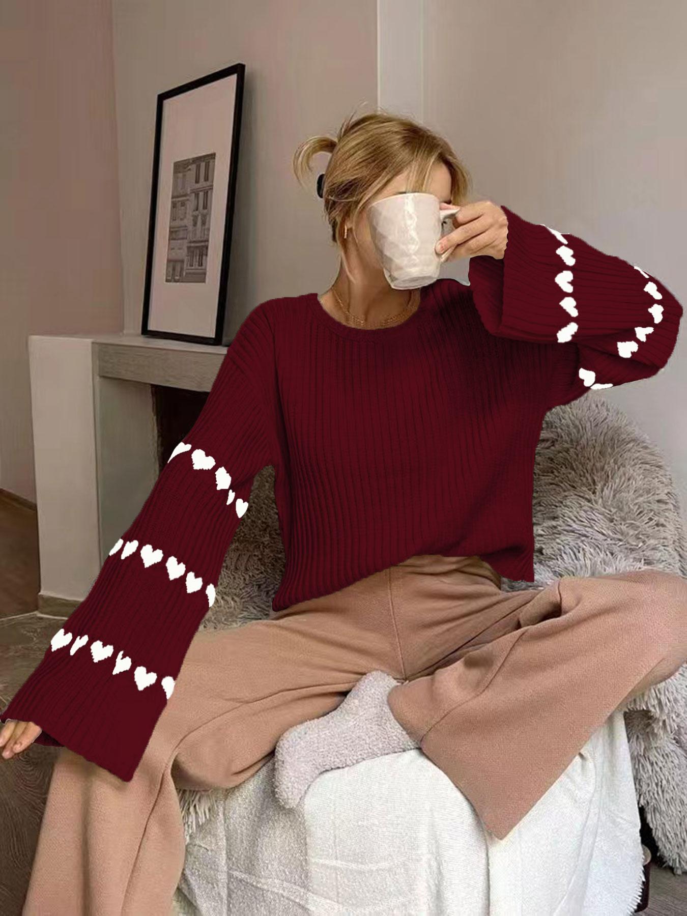 Women's Colorblock Heart Print Drop Shoulder Sweater, Casual Long Sleeve Round Neck Jumper for Fall & Winter, Fashion Ladies' Knitwear Knitting for Daily Wear