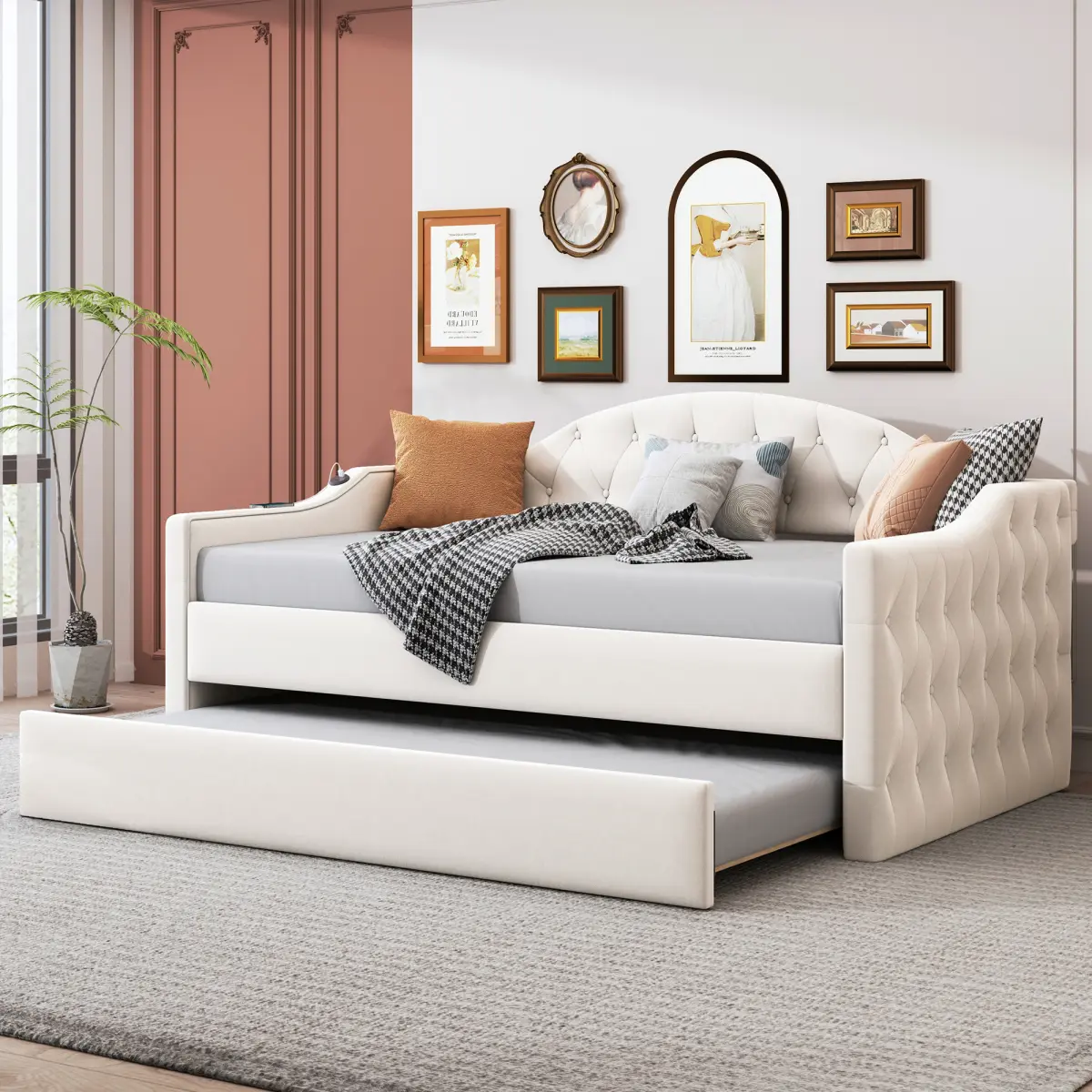 Vintage Tufted Velvet Twin Size Daybed Combo with Trundle - 2-Seat Sofabed, USB & Type-C Charging Ports, No Box-Spring Needed, Beige (Old SKU: HL000088AAA), Two Seats