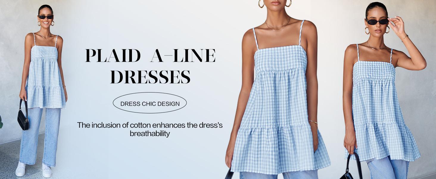 Imily Bela  Womens Cute Plaid A-line Summer Beach Dresses Spaghetti Straps Ruffle Hem Casual Mini Dress with Side Pocket