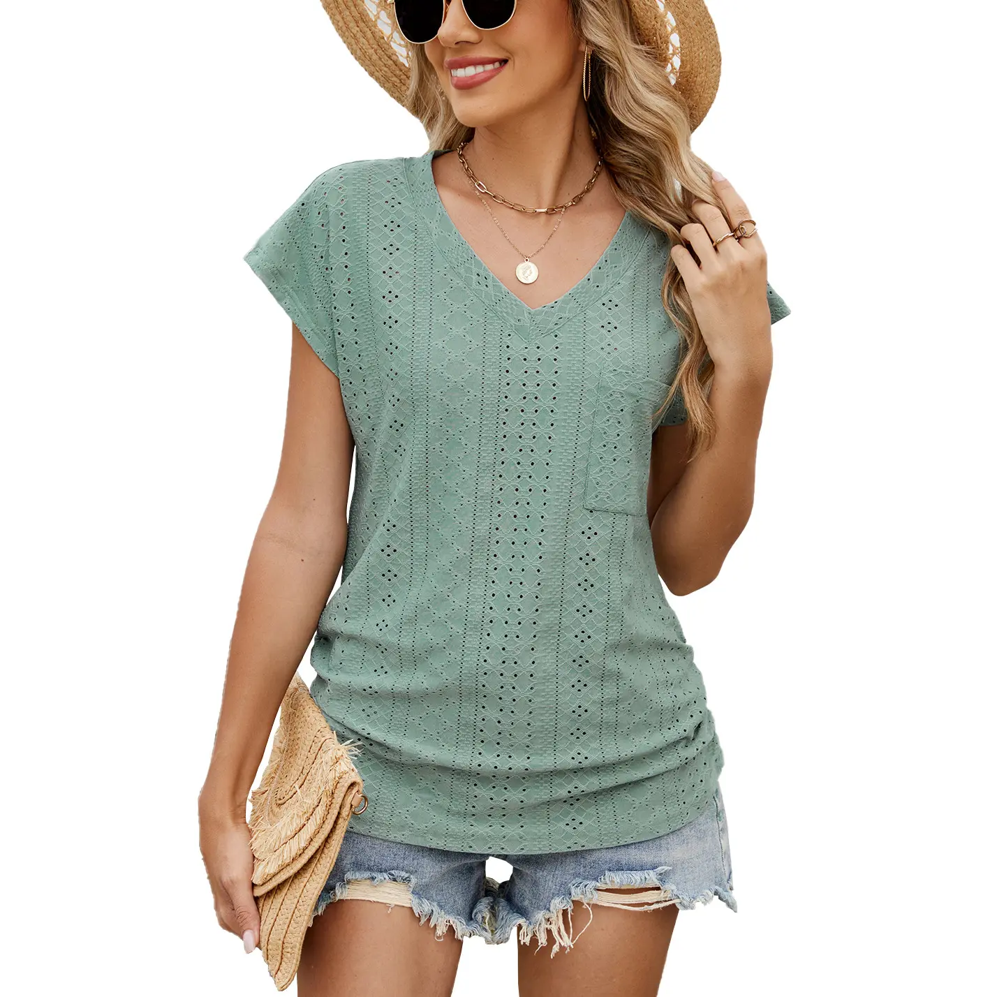 Limited-time clearance sale Women's V Neck Short Sleeve T Shirt with Pocket, Soft Stretchy Casual Tops, Solid Color Basic Tee, Lightweight Rayon Blend Blouse for Everyday Wear, Summer Loose Fit Shirts