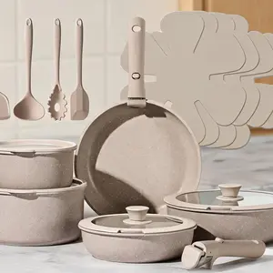 19-Piece Non-Stick Cookware Collection, Stackable Pots & Pans with Detachable Grips, Universal Induction Compatible Cooking Set, Oven-Safe Removable Handle Cookware for RV & Compact Kitchen Use, Taupe Shade