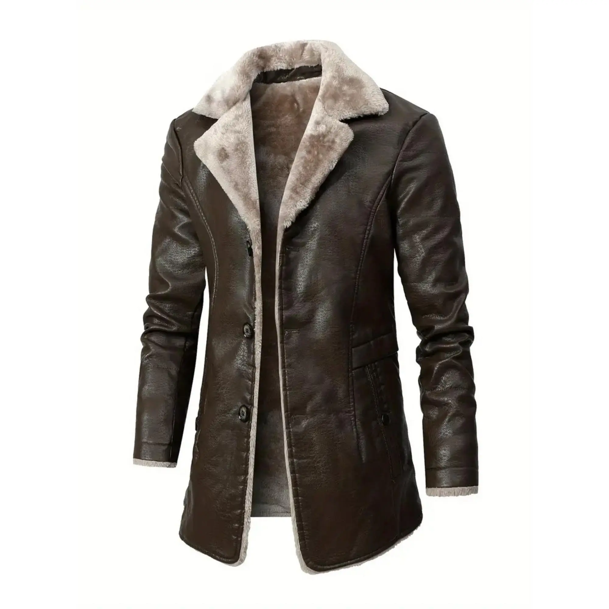 Men's Mid-Length Leather-Look Coat, Plush-Lined Button Front Outerwear with Notch Lapel and Side Pockets for Casual Fall Winter Wear Men's Casual Warm PU Leather Jacket, Chic Fleece Lined Blazer Biker Jacket For Fall Winter Business Menswear Tops