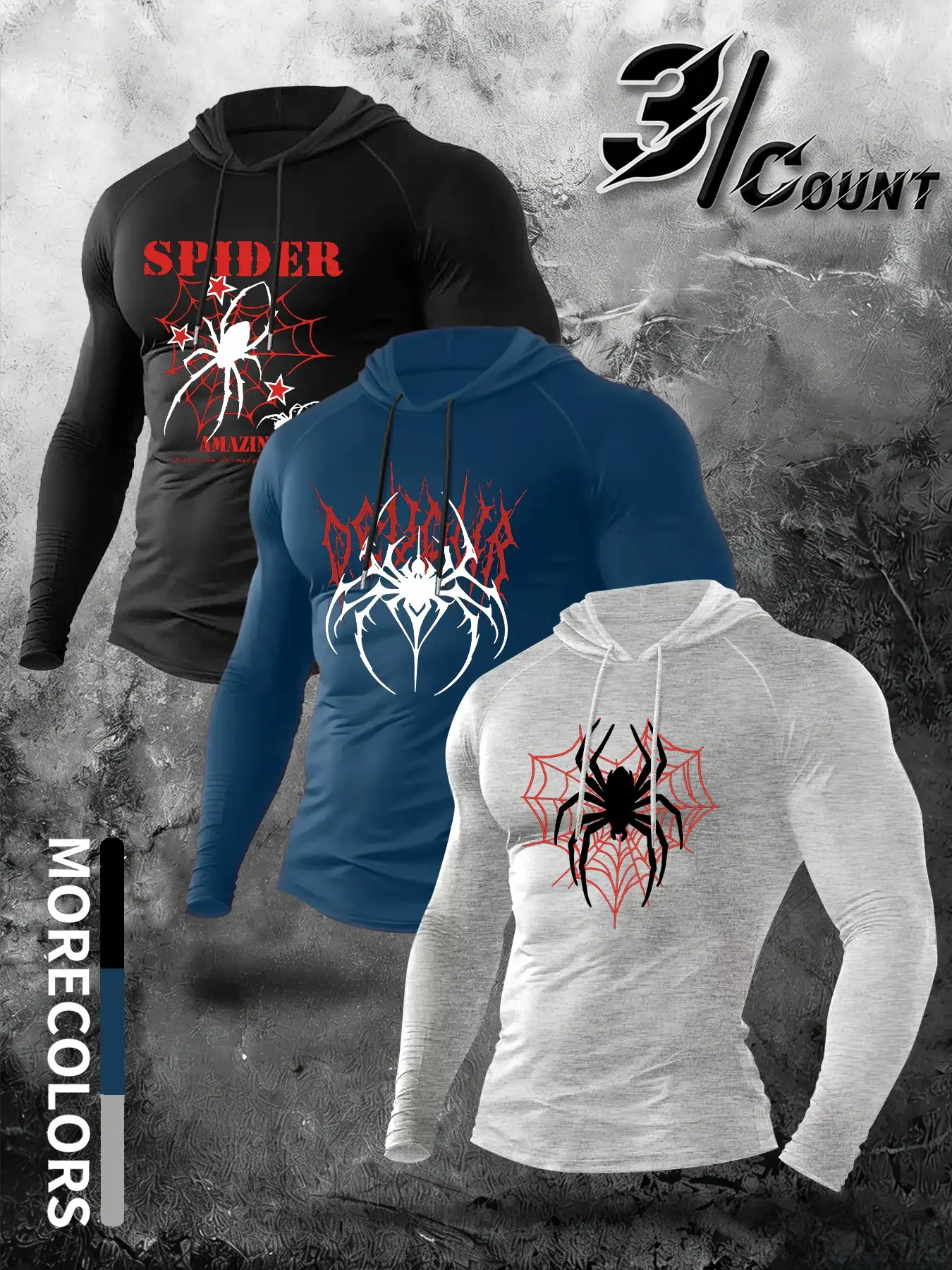 3-Pack Men's Dark Gothic Hooded Long Sleeve Tees, 3 Mixed Spider Prints Daily Street Gym Training Sports Shirts