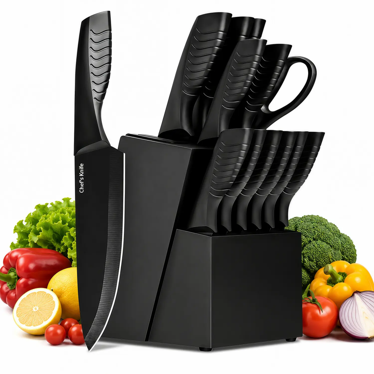 14-Piece Durable Kitchen Knife Block Set, High-Carbon Stainless Steel Steak Knives with Laser Cut Precision Laser Cutting Technology, Full Handles, Ergonomic Grip, Black Dishwasher-Safe for Household Storage