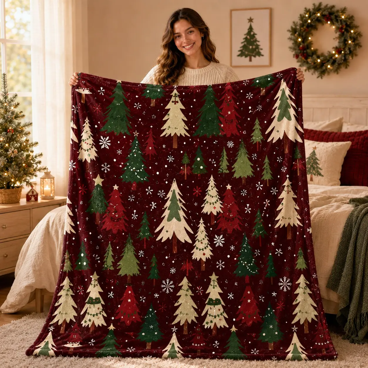 1pc Burgundy Christmas Tree Pattern Flannel Blanket, Printed with colorful cartoon Christmas trees and snowflake vintage Xmas graphics. Soft warm nap throw for sofa, bed, office, shawl, camping, great for Christmas gifts.
