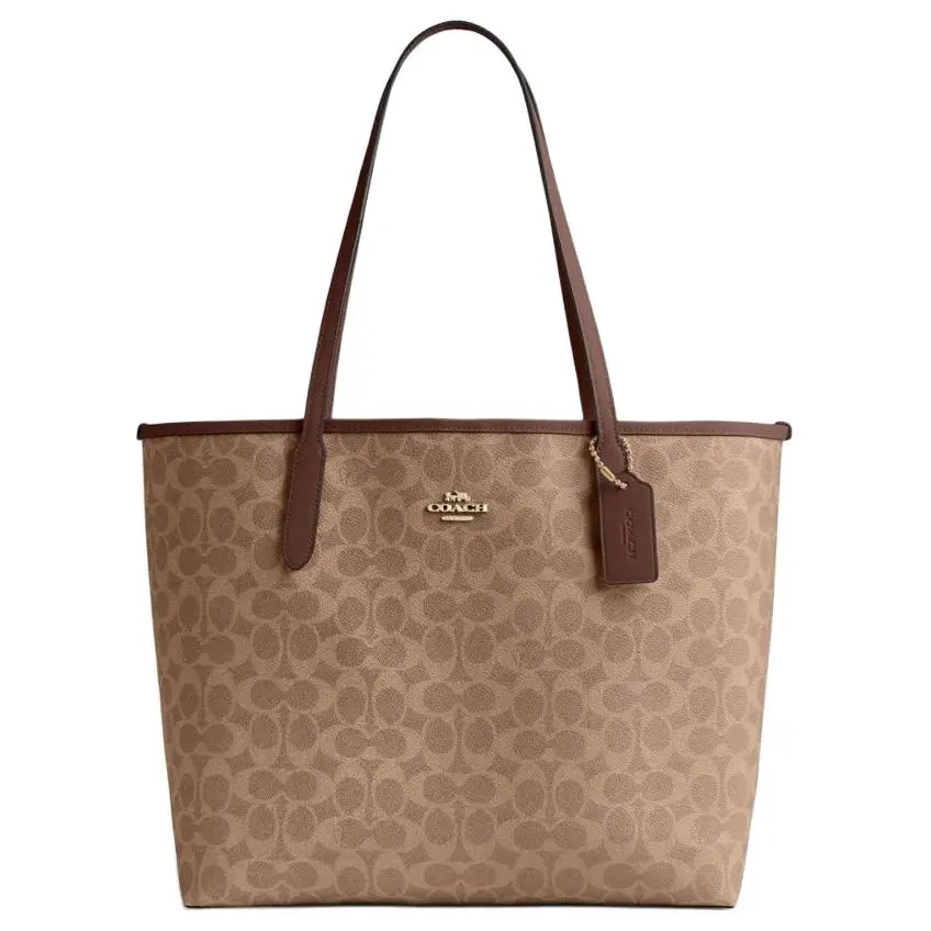 COACH City 33 Logo Magnetic Tote Bag for Women – Light Brown and Brown PVC-Trimmed Leather Handbag